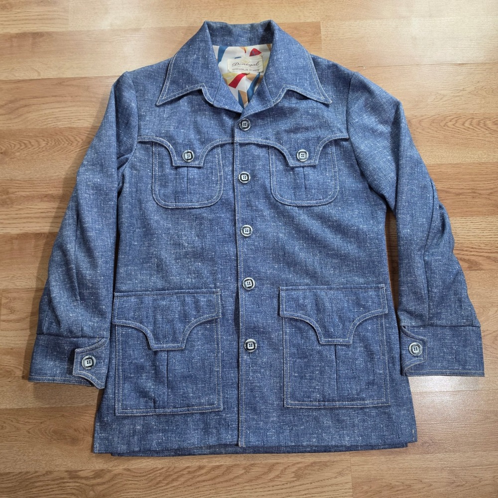 Donegal Safari Jacket Mens 38R Blue Vintage Double Knit Leisure Coat Retro 70s